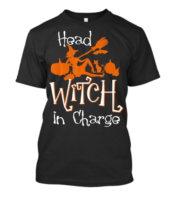 Head Witch In Charge Funny Halloween Pumpkins Broomstick Cat T-Shirt