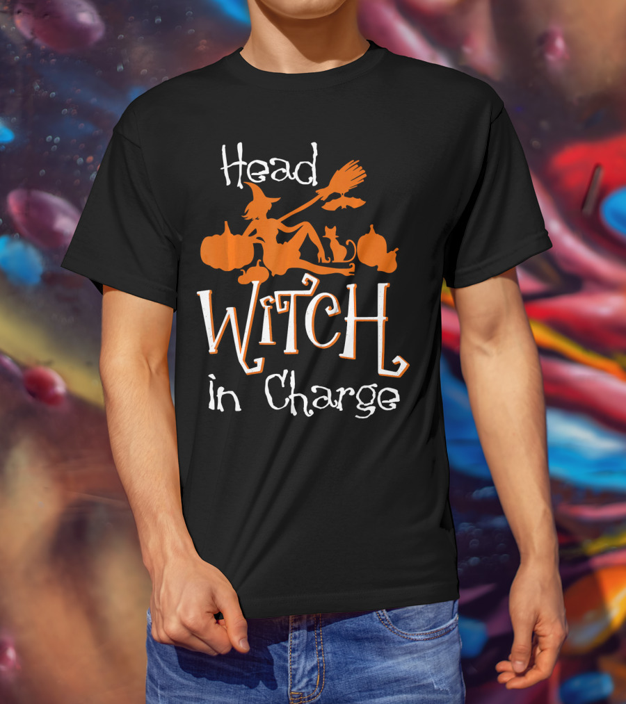 Head Witch In Charge Funny Halloween Pumpkins Broomstick Cat T-Shirt