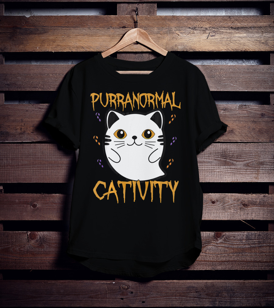 Purranormal Cativity Ghostly Cat Boo With Candy Corn T-Shirt
