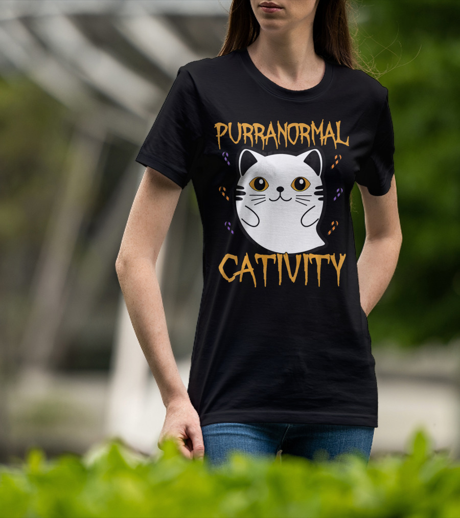 Purranormal Cativity Ghostly Cat Boo With Candy Corn T-Shirt