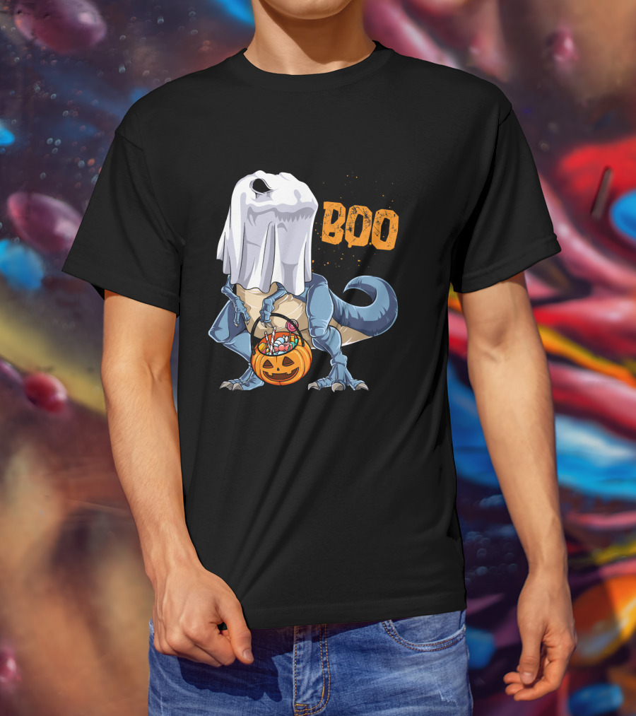 Ghost Dinosaur Rex Boo Halloween Candy Pumpkin T-Shirt