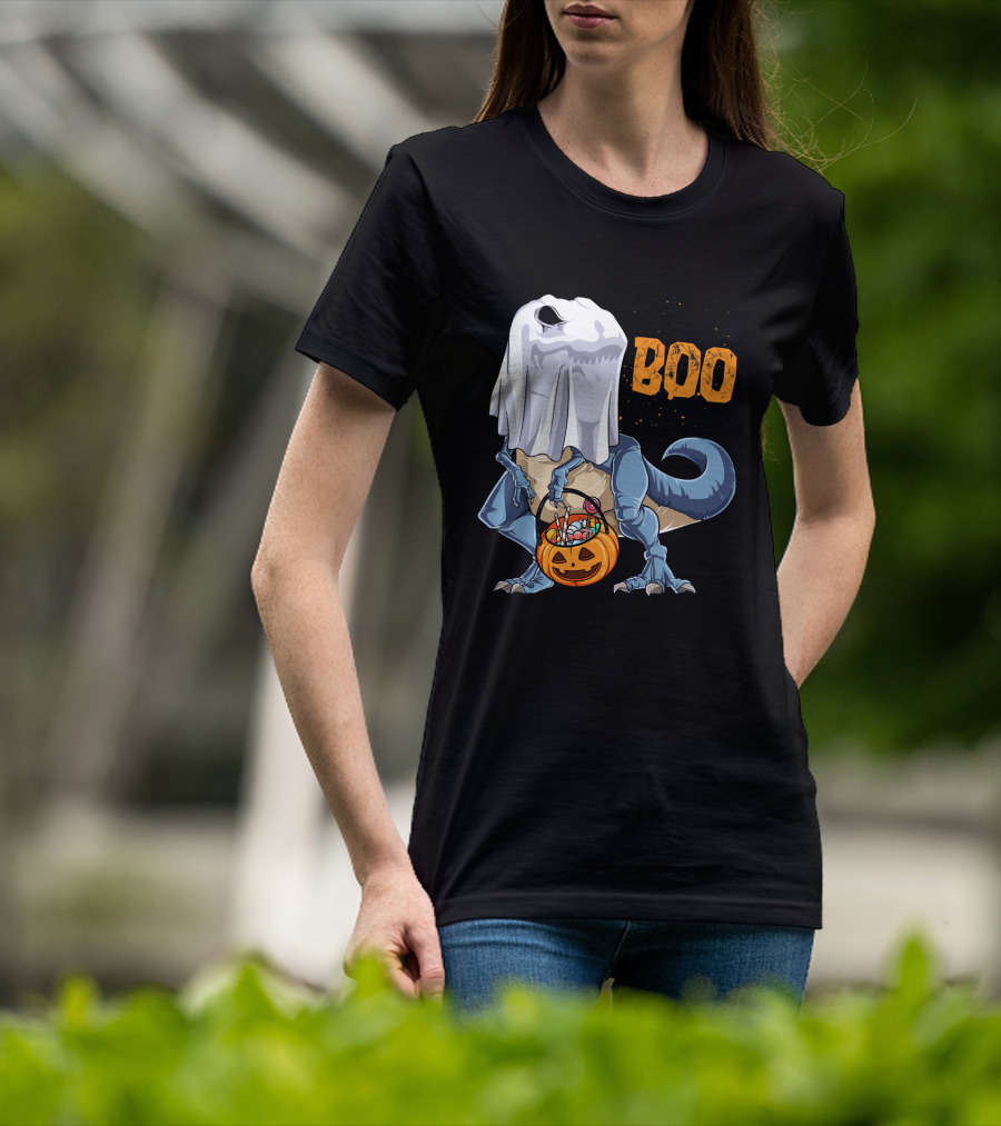 Ghost Dinosaur Rex Boo Halloween Candy Pumpkin T-Shirt