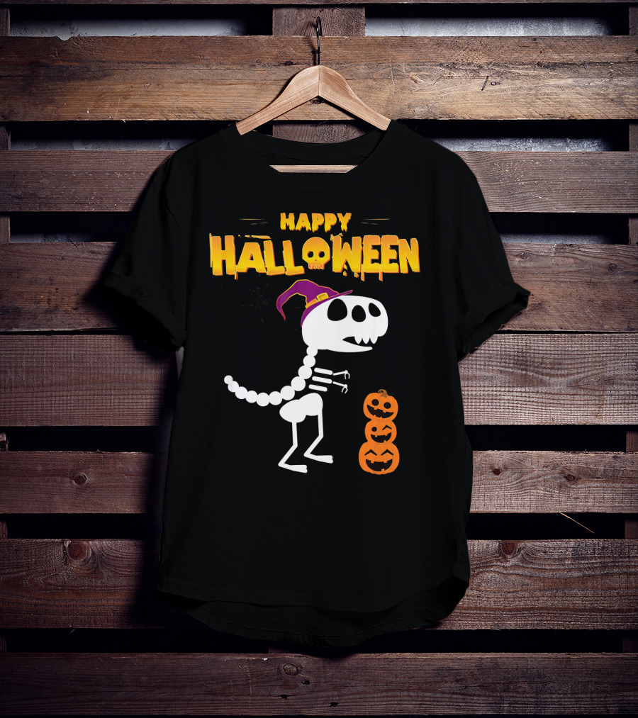 Happy Halloween Funny Rex Skeleton With Witch Hat And Pumpkins T-Shirt