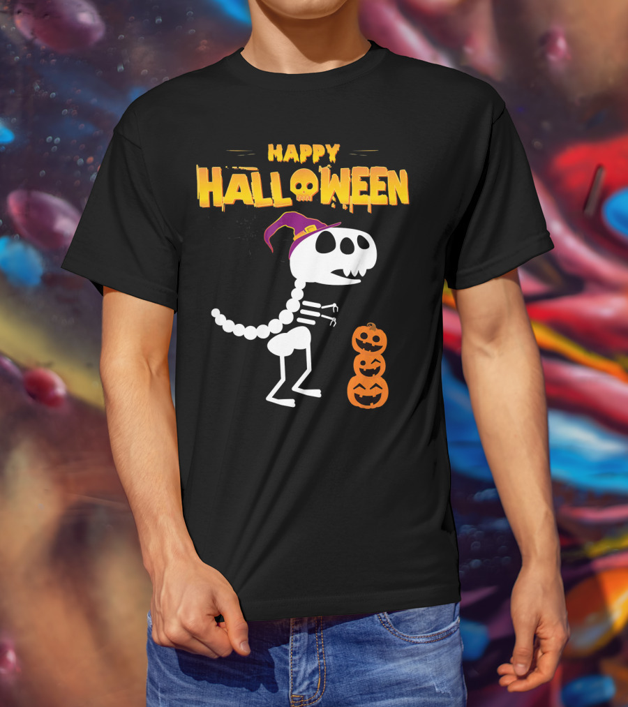 Happy Halloween Funny Rex Skeleton With Witch Hat And Pumpkins T-Shirt