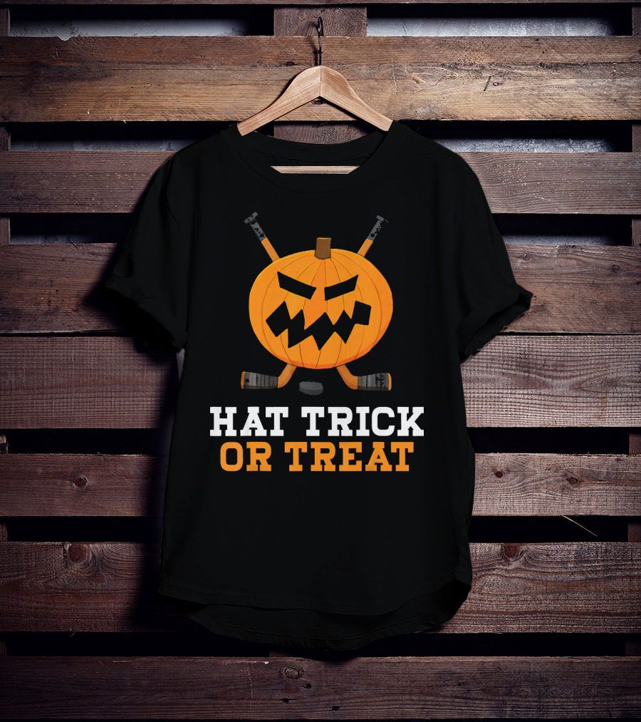 Hat Trick Or Treat Pumpkin Hockey Sticks Face T-Shirt