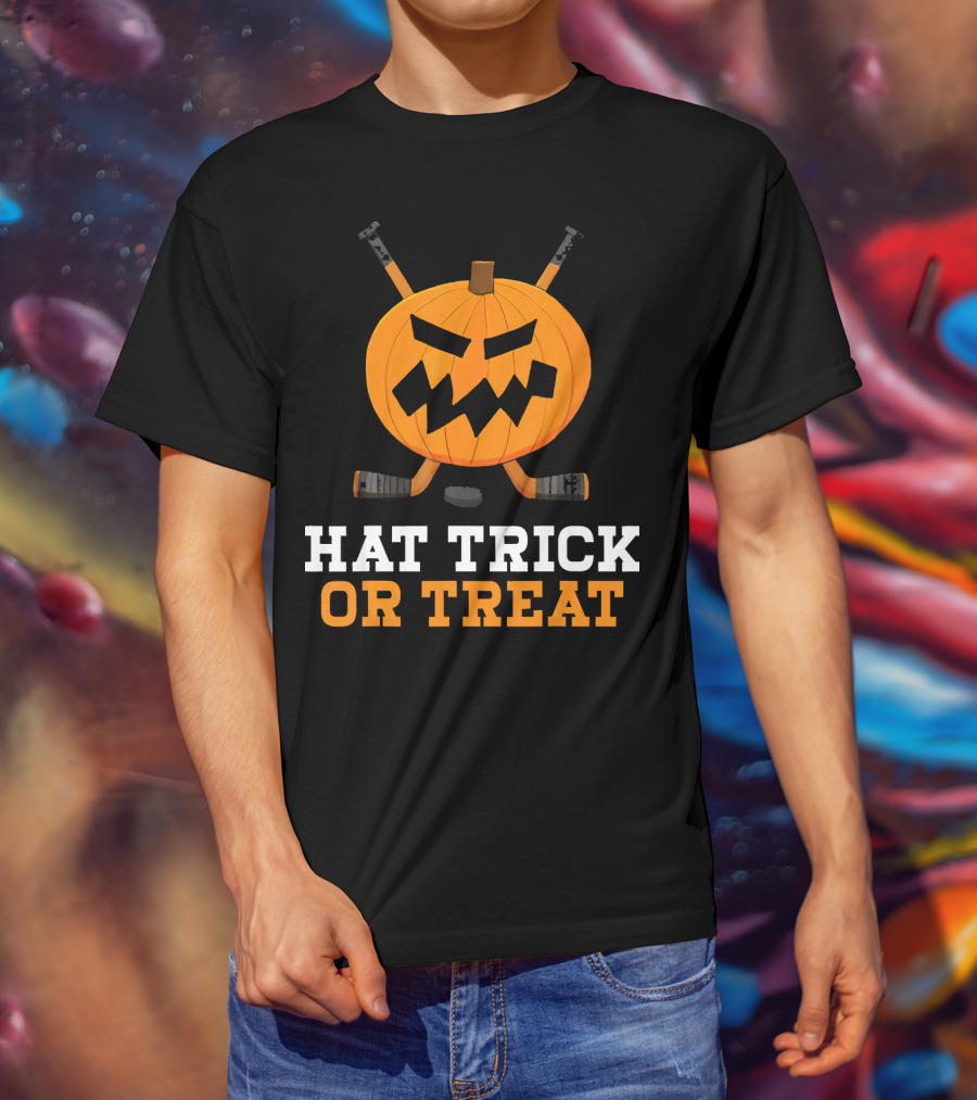 Hat Trick Or Treat Pumpkin Hockey Sticks Face T-Shirt