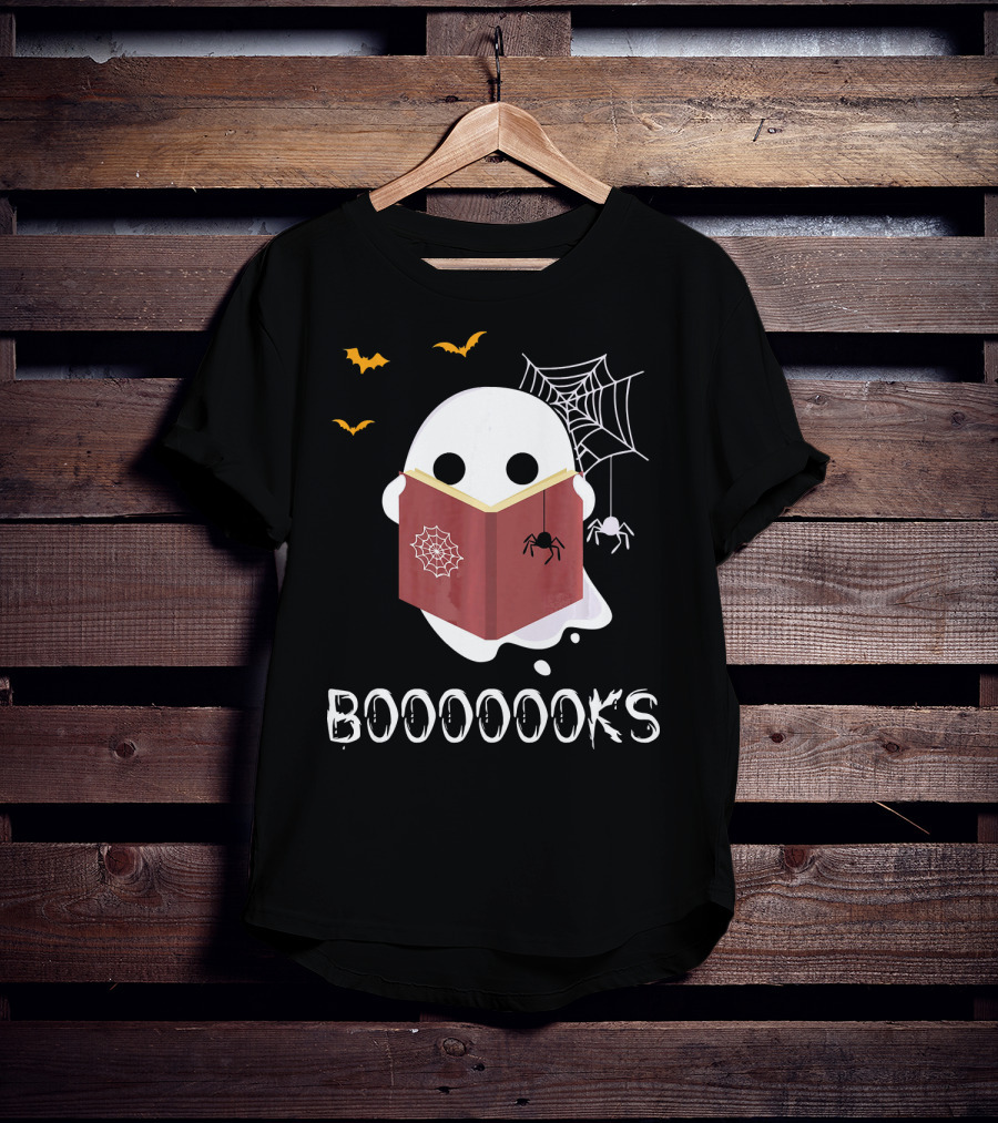 Booooooks Funny Boo Read Books Reading Ghost Spider Web Bats T-Shirt