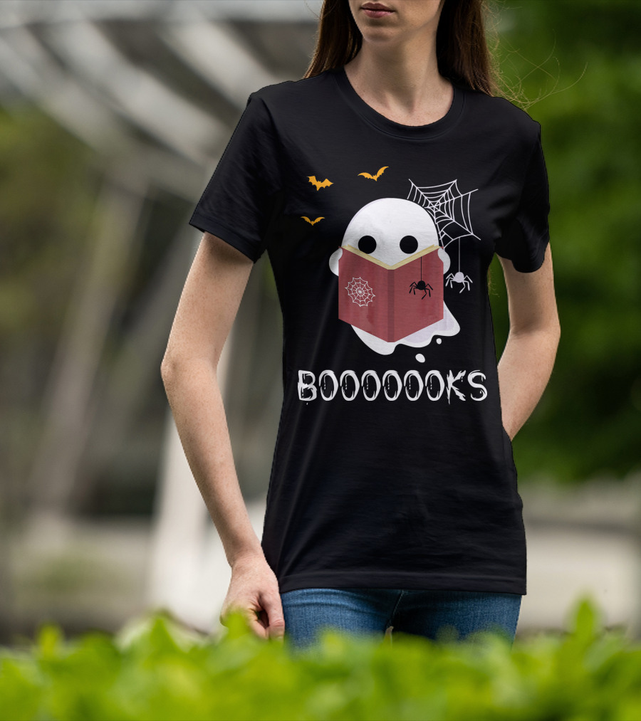 Booooooks Funny Boo Read Books Reading Ghost Spider Web Bats T-Shirt