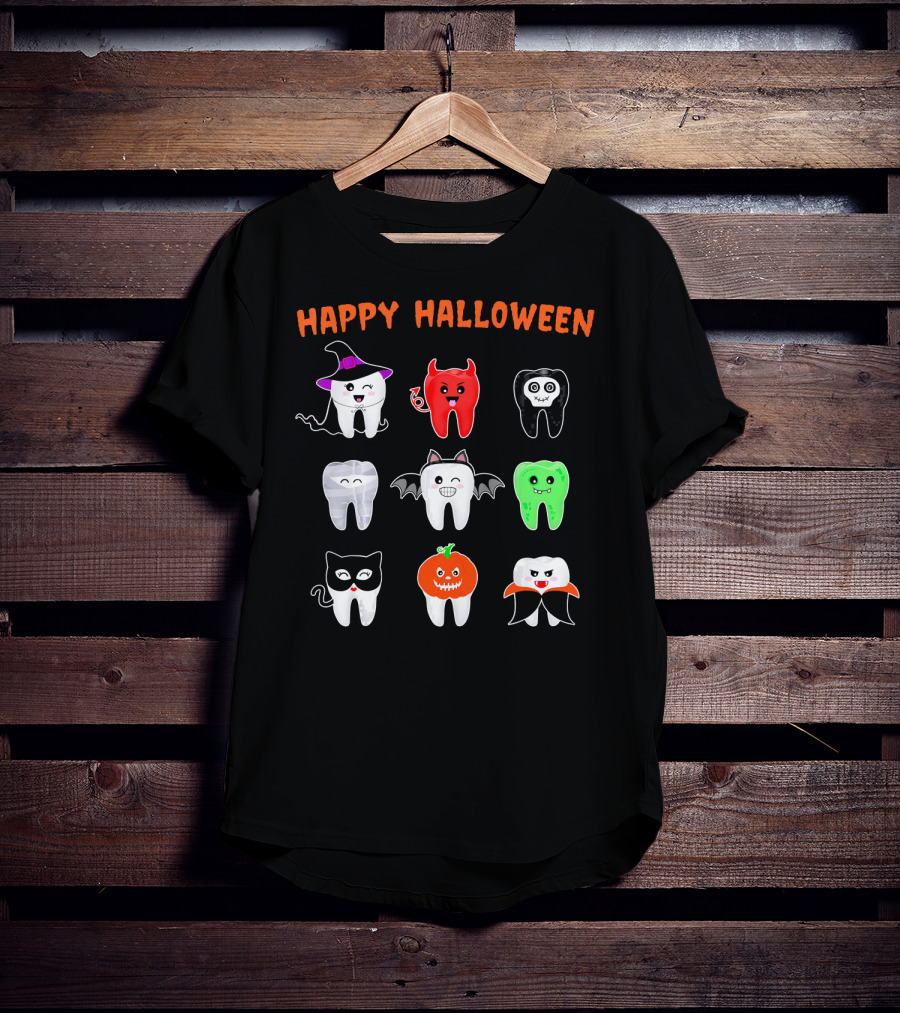 Happy Halloween Cute Tooth Monsters In Costume T-Shirt