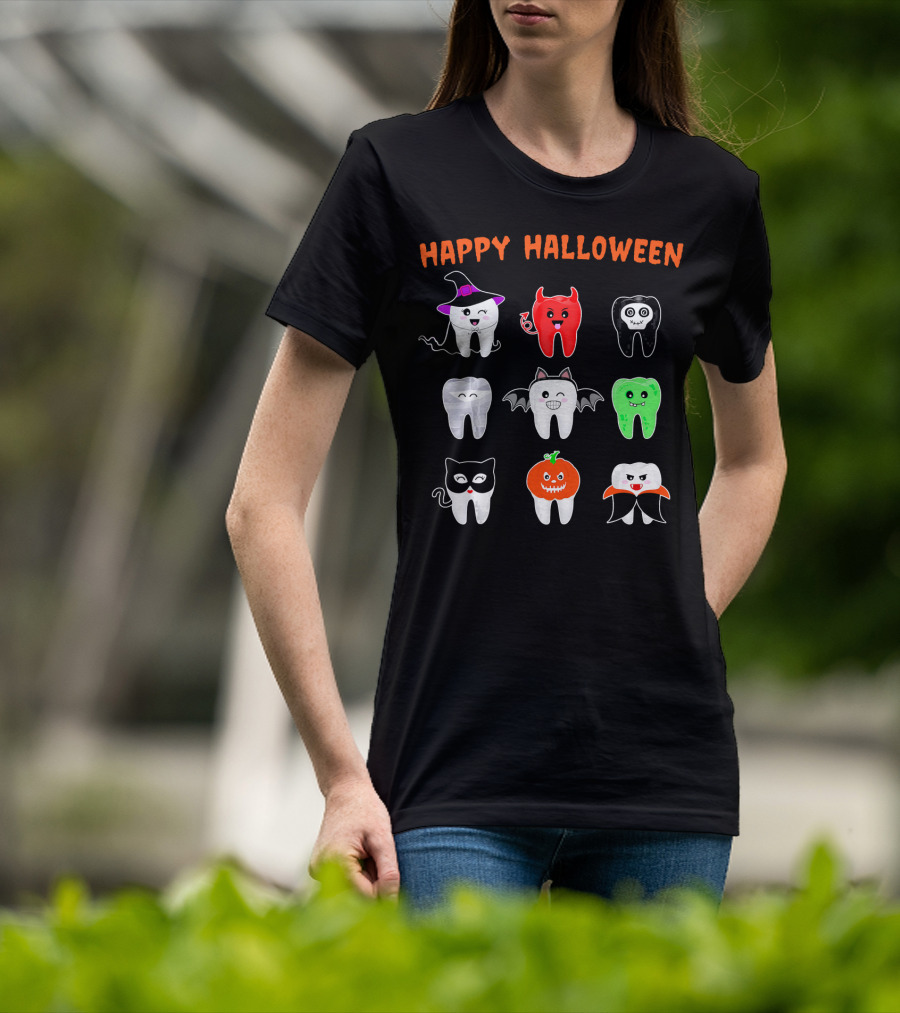 Happy Halloween Cute Tooth Monsters In Costume T-Shirt