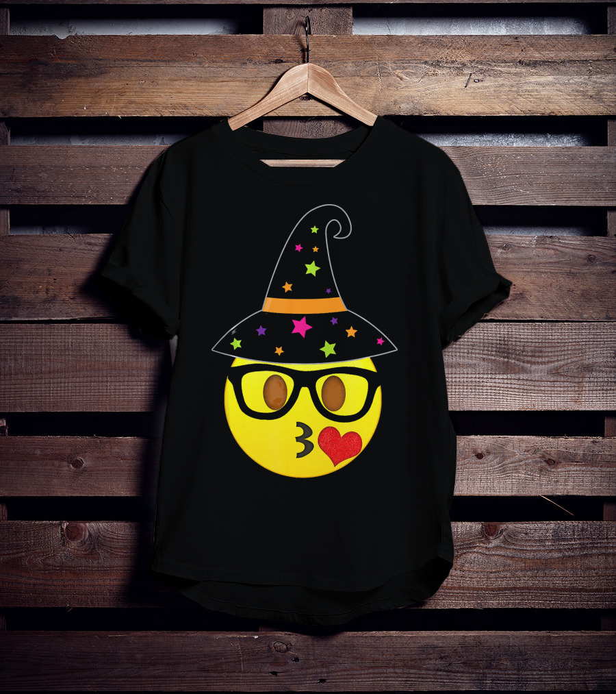 Funny Halloween Witch Hat Emoji Nerd Glasses Kissy Face T-Shirt