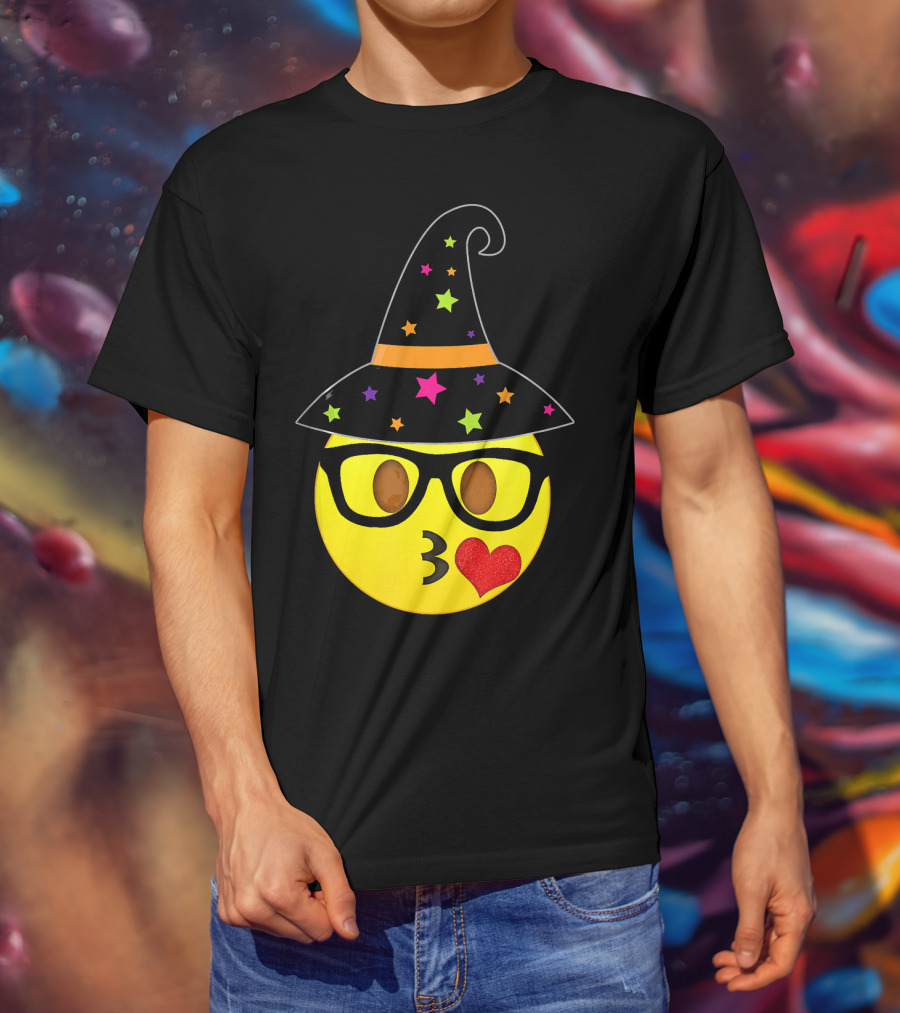 Funny Halloween Witch Hat Emoji Nerd Glasses Kissy Face T-Shirt