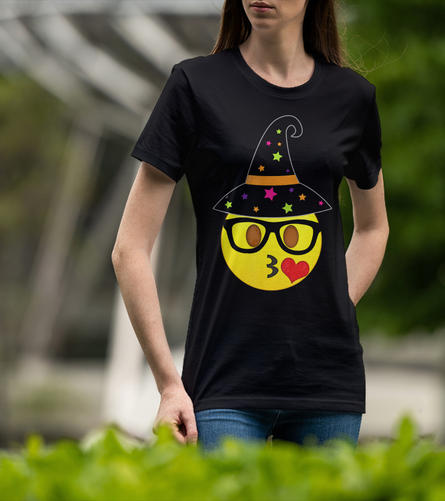 Funny Halloween Witch Hat Emoji Nerd Glasses Kissy Face T-Shirt