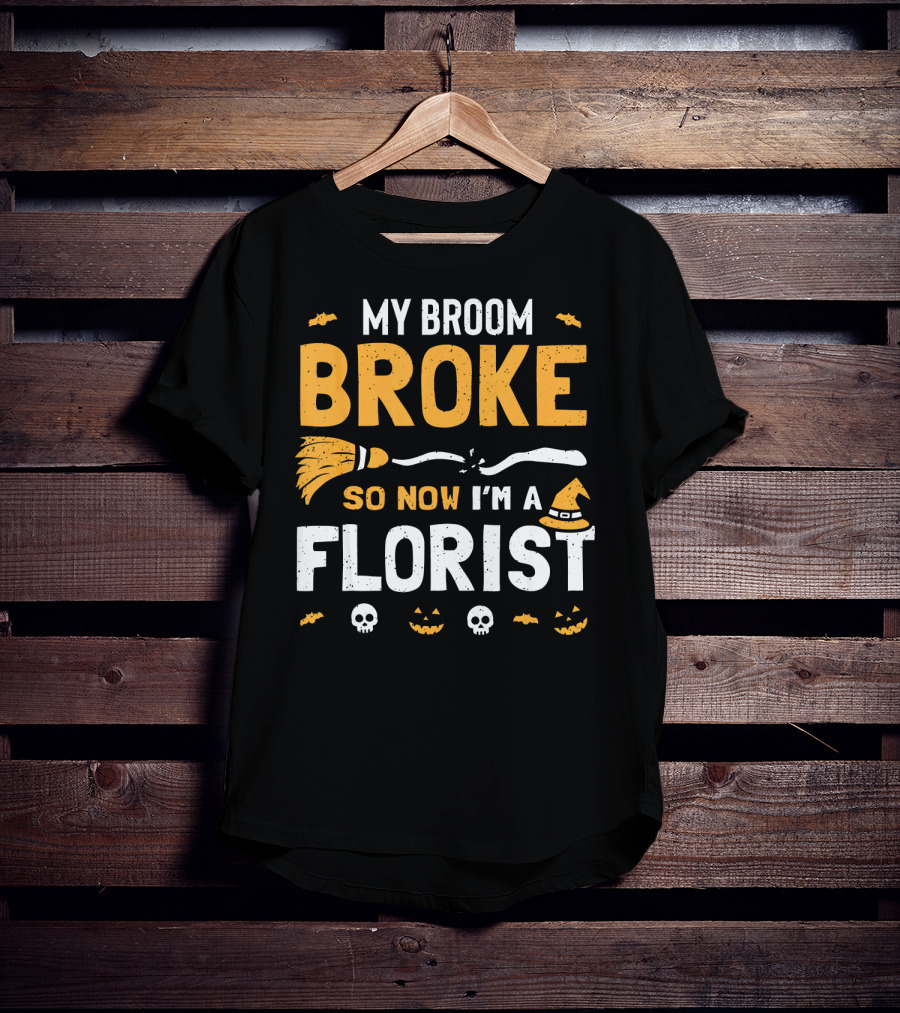 Broke Broom Halloween Florist Costume With Witch Hat And Pumpkins T-Shirt