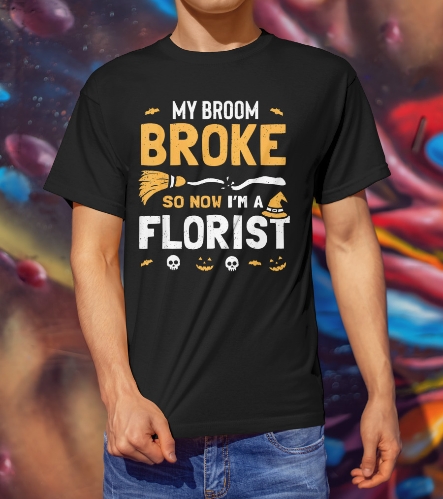 Broke Broom Halloween Florist Costume With Witch Hat And Pumpkins T-Shirt