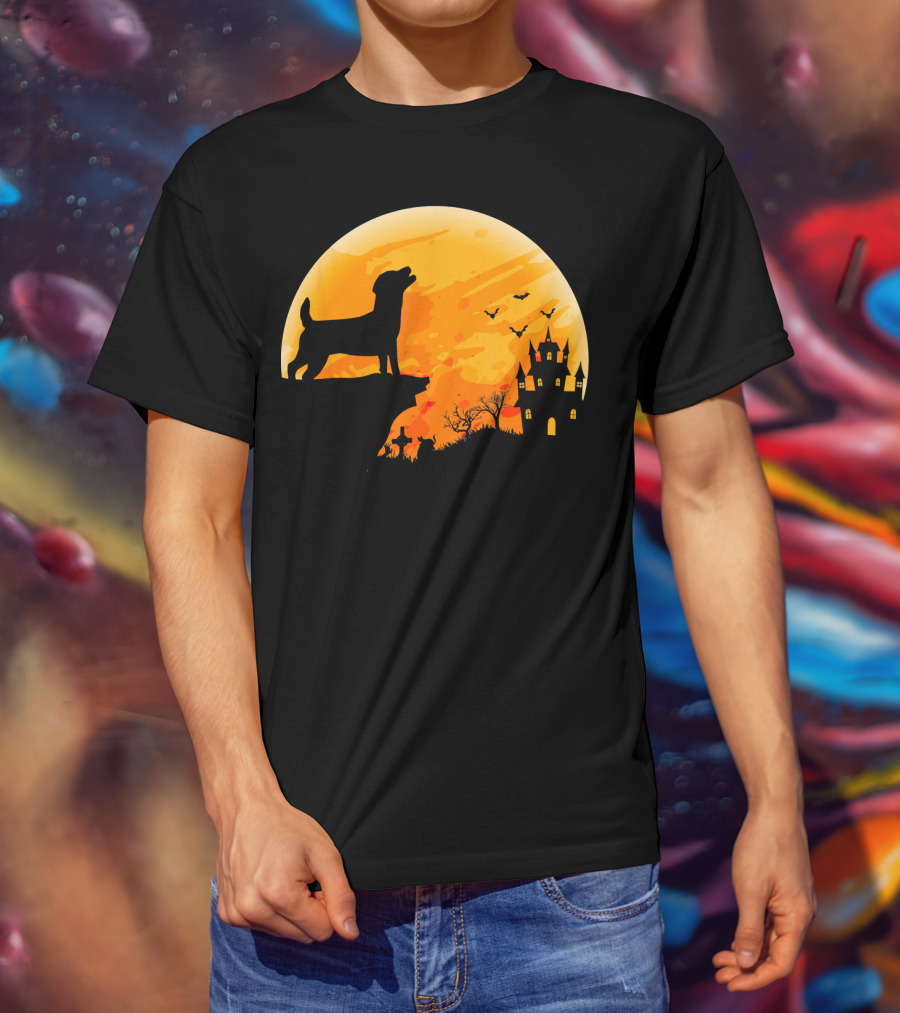 Halloween Costume Jack Russell Terrier Moonlit Haunted Castle Scene T-Shirt