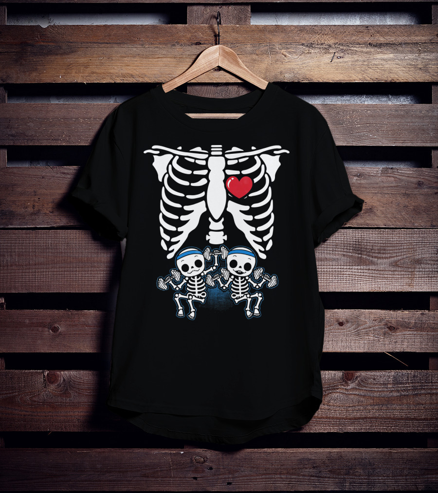 Funny Pregnant Mom Twins Babies Skeleton Rib Cage Heart T-Shirt