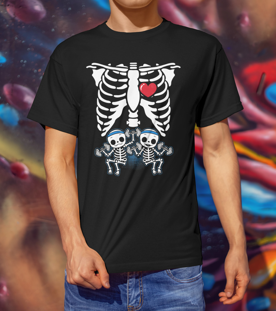 Funny Pregnant Mom Twins Babies Skeleton Rib Cage Heart T-Shirt