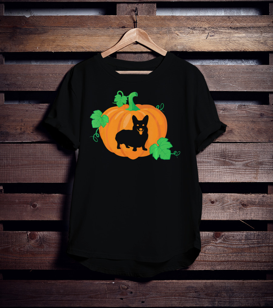 Corgi Dog Pumpkin Halloween Silhouette With Leaves T-Shirt