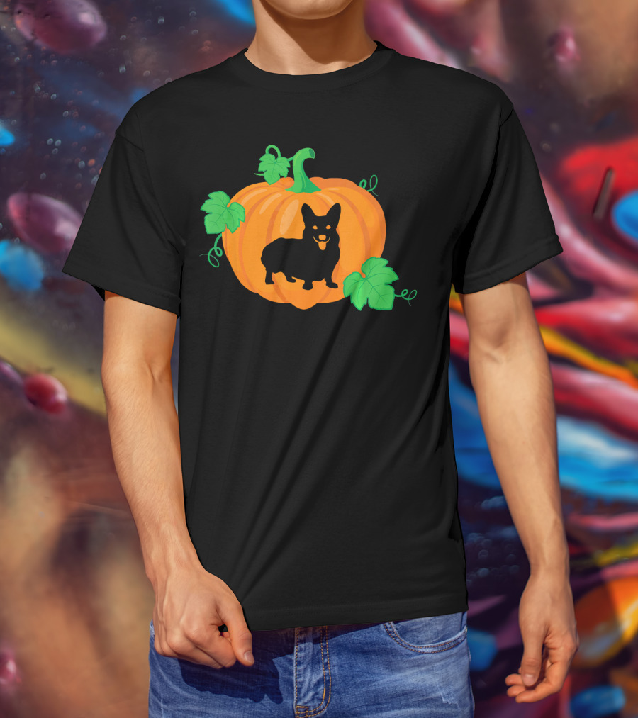 Corgi Dog Pumpkin Halloween Silhouette With Leaves T-Shirt
