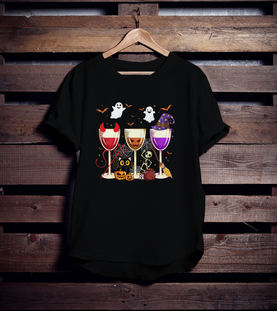 Halloween Wine Glasses Ghosts Pumpkins Bats Cat Skeleton Witches Hat T-Shirt