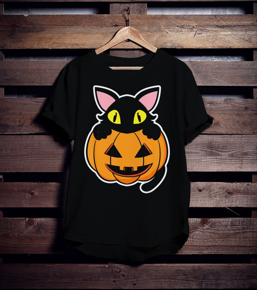 Black Cat Peeking Over Pumpkin Funny Scary Happy Halloween T-Shirt