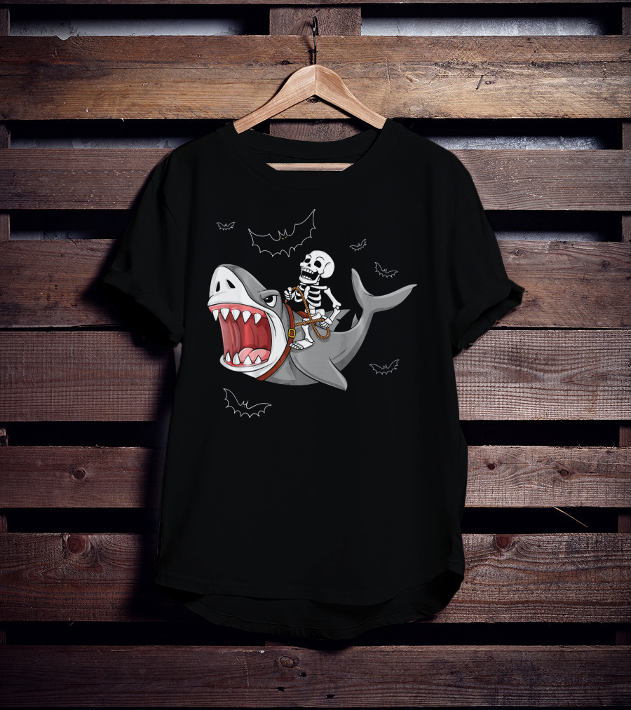 Skeleton Riding Shark Funny Halloween Bat T-Shirt