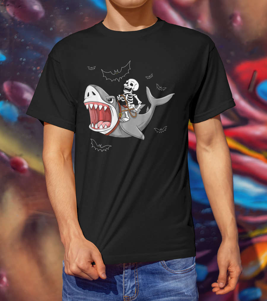 Skeleton Riding Shark Funny Halloween Bat T-Shirt