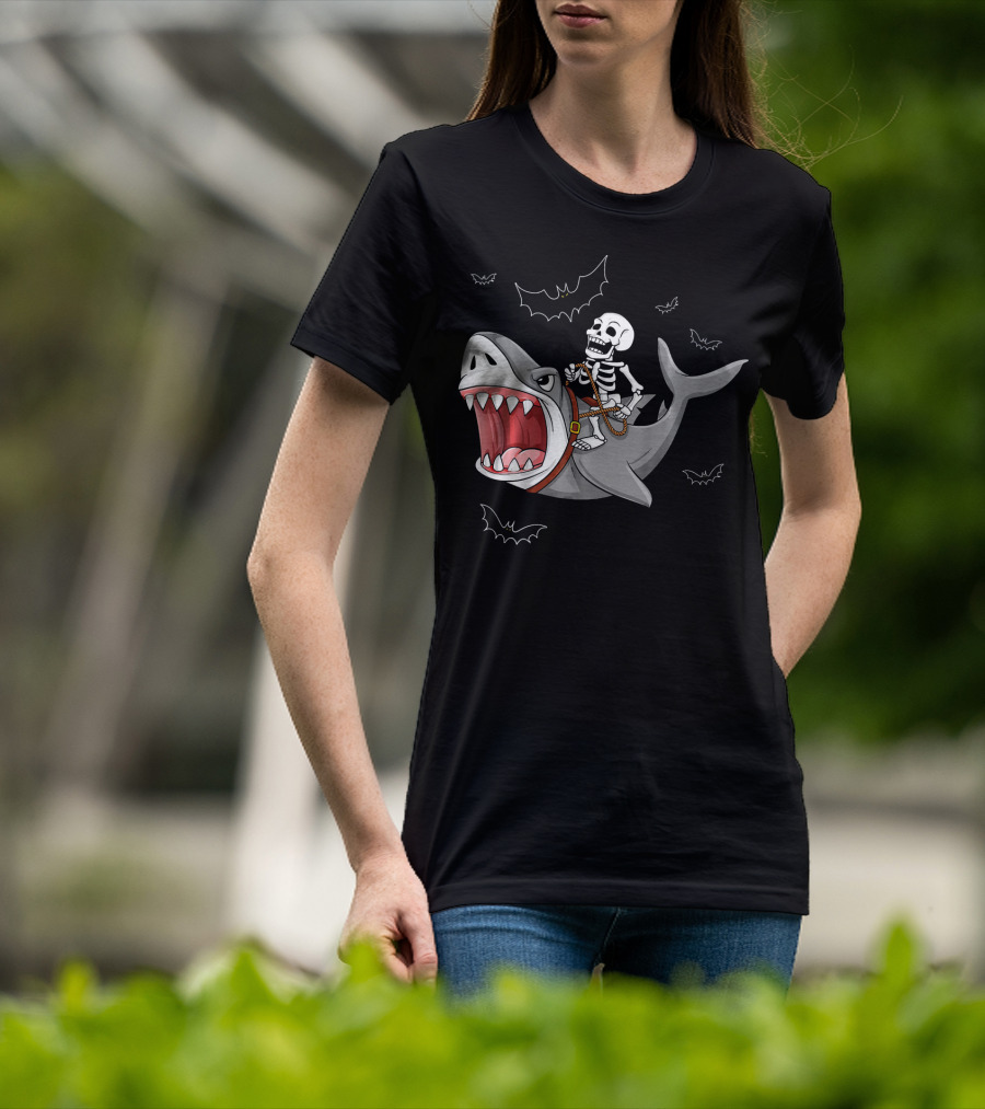 Skeleton Riding Shark Funny Halloween Bat T-Shirt