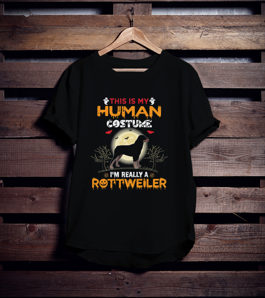 This Is My Human Costume I'm Really A Rottweiler Halloween Ghosts Bats Moon Trees T-Shirt