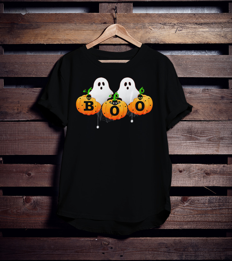 Boo Halloween Ghosts With Spiders And Pumpkins T-Shirt