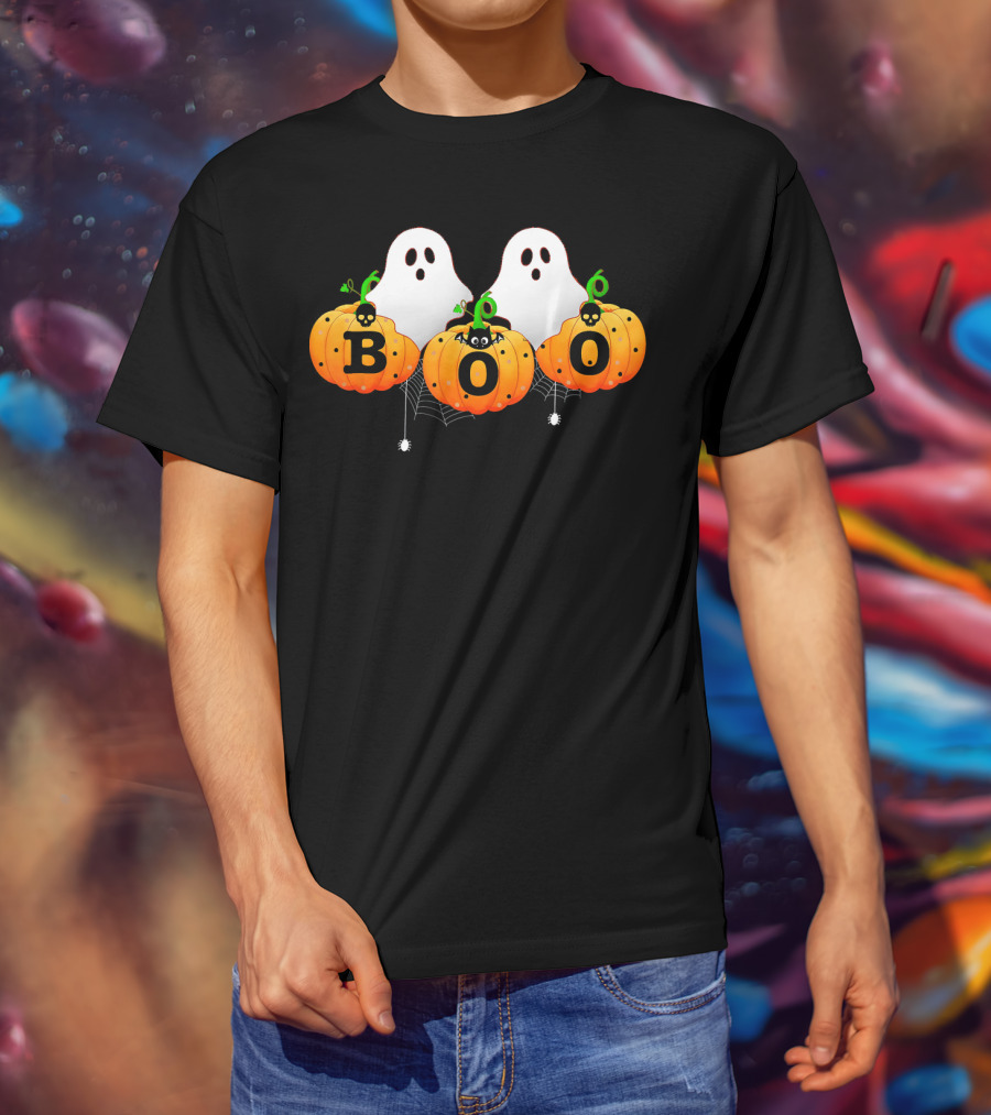 Boo Halloween Ghosts With Spiders And Pumpkins T-Shirt