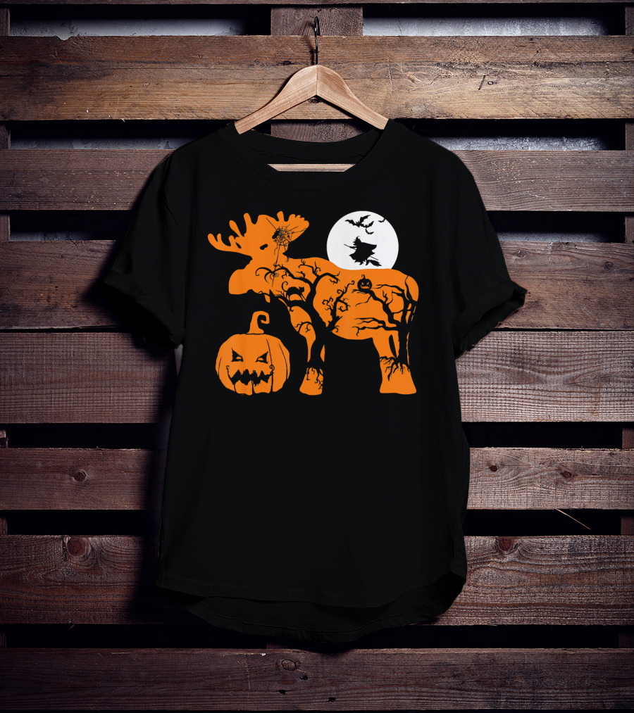 Witch Bat Moon Pumpkin Moose With Spider Web T-Shirt