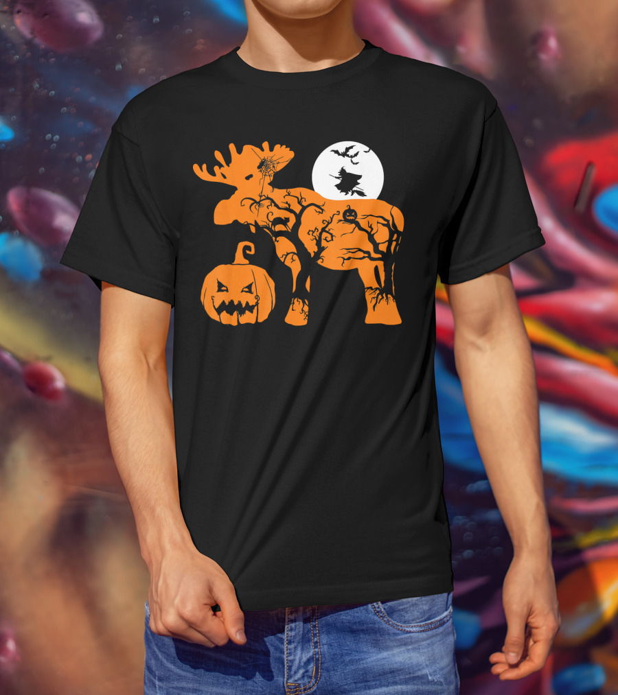 Witch Bat Moon Pumpkin Moose With Spider Web T-Shirt