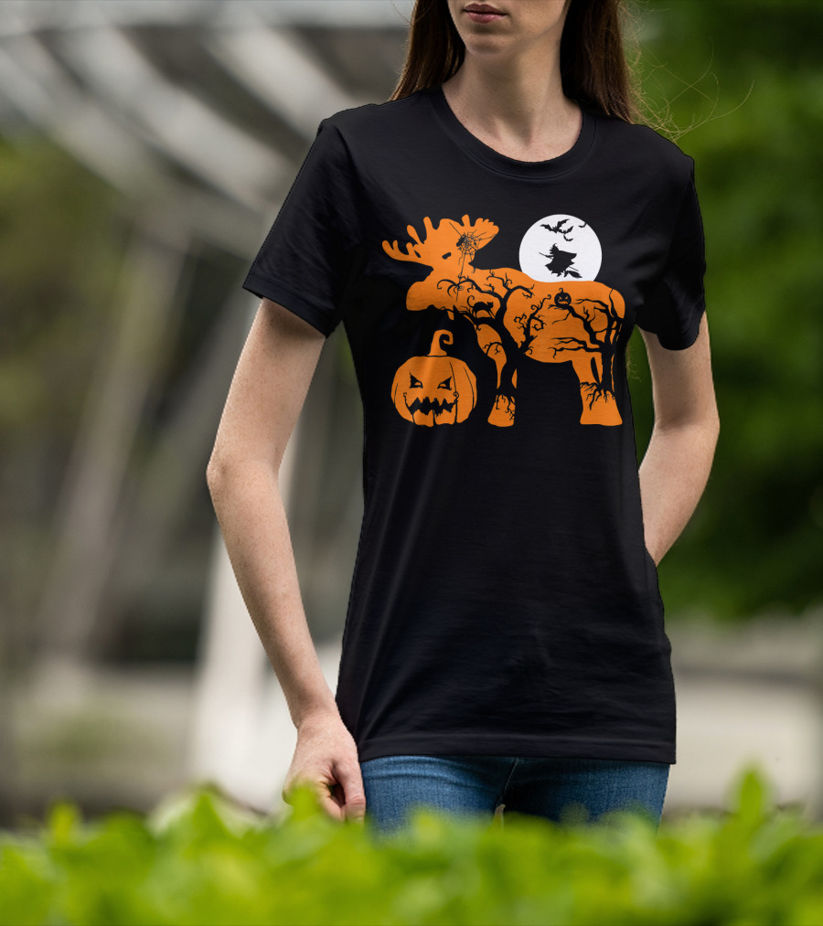 Witch Bat Moon Pumpkin Moose With Spider Web T-Shirt