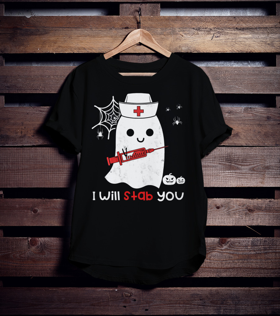 Nurse Ghost I Will Stab You Halloween Spiders Pumpkins T-Shirt