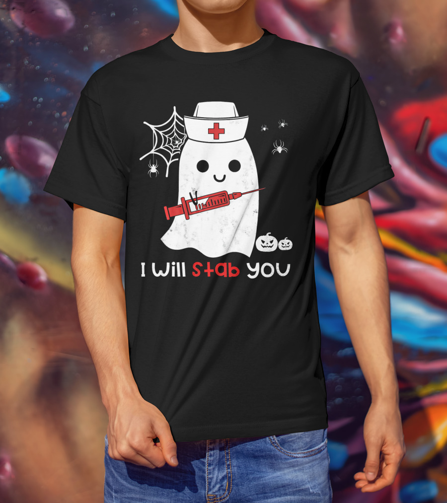 Nurse Ghost I Will Stab You Halloween Spiders Pumpkins T-Shirt