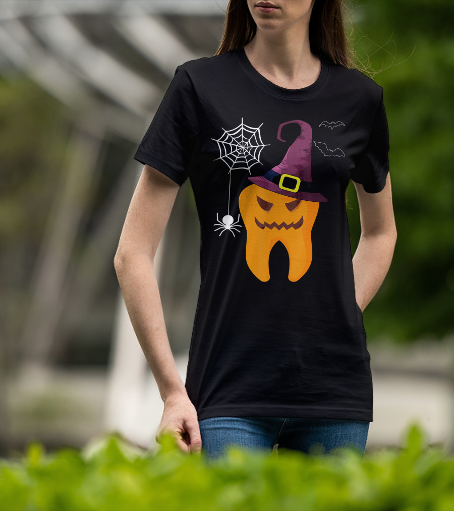 Halloween Dental Witch Dentist Tooth With Spider And Hat T-Shirt