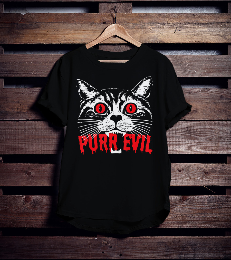 Purr Evil Satanic Cat Red Eyes Halloween T-Shirt