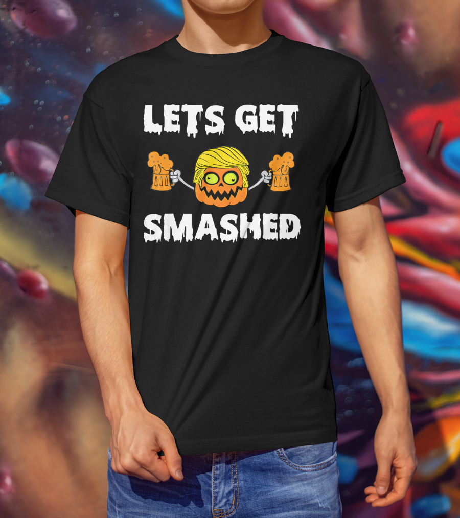Lets Get Smashed Pumpkin Holding Beer Mugs With Blonde Hair T-Shirt