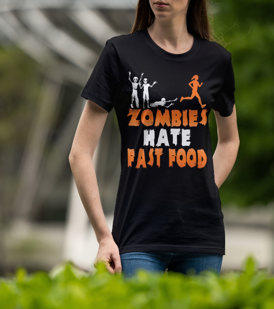 Zombies Hate Fast Food Skeletons Chasing Runner T-Shirt