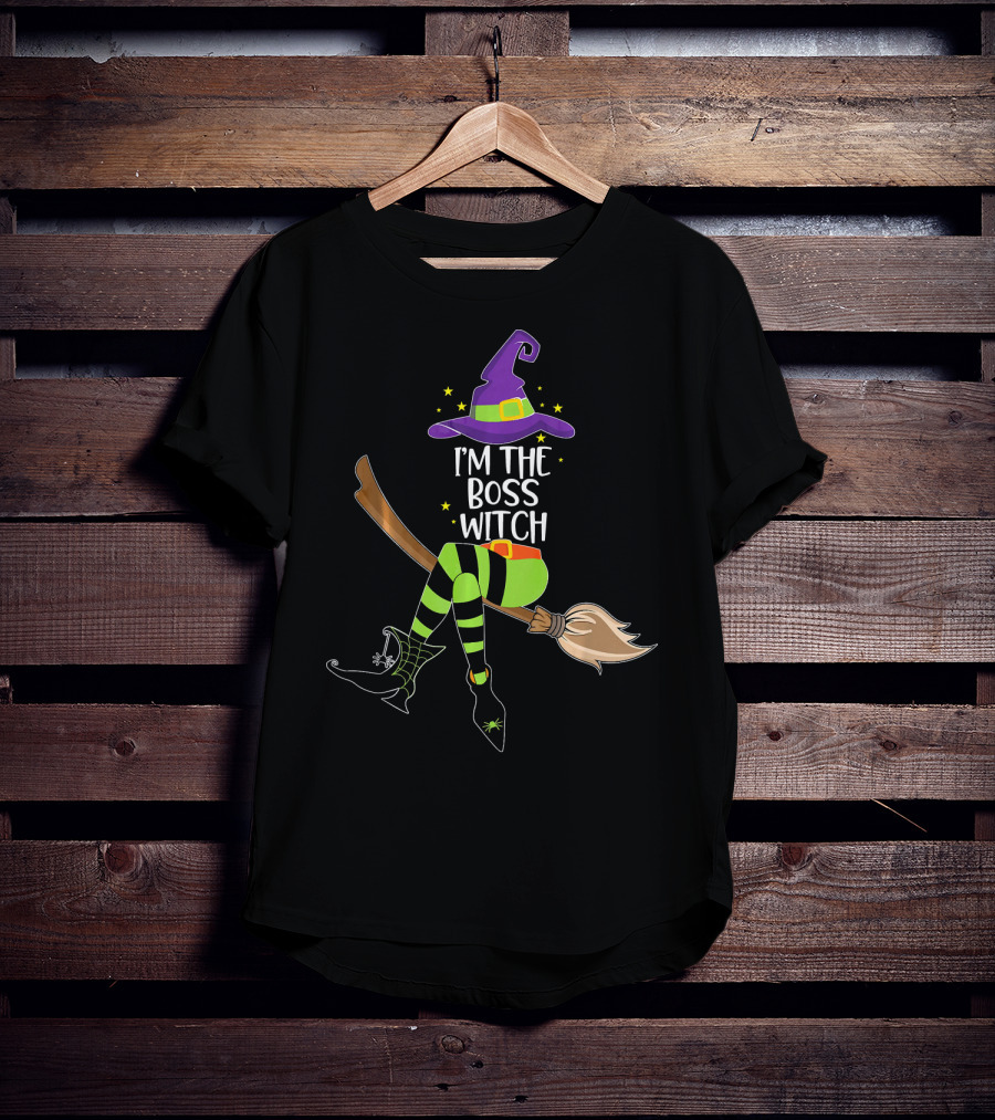 I'm The Boss Witch Halloween Witch Hat Broomstick Stripes T-Shirt