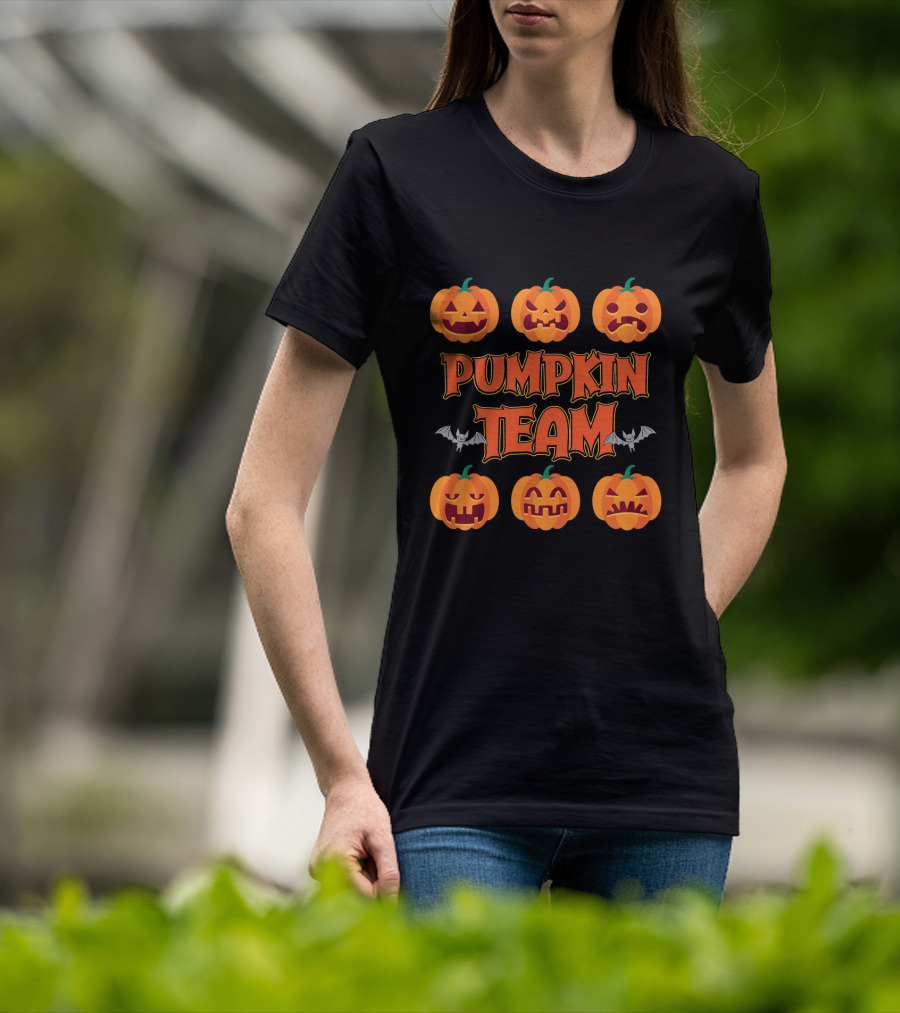 Pumpkin Team Halloween Party Cos With Jack-O'-Lantern Faces And Bat Accents T-Shirt