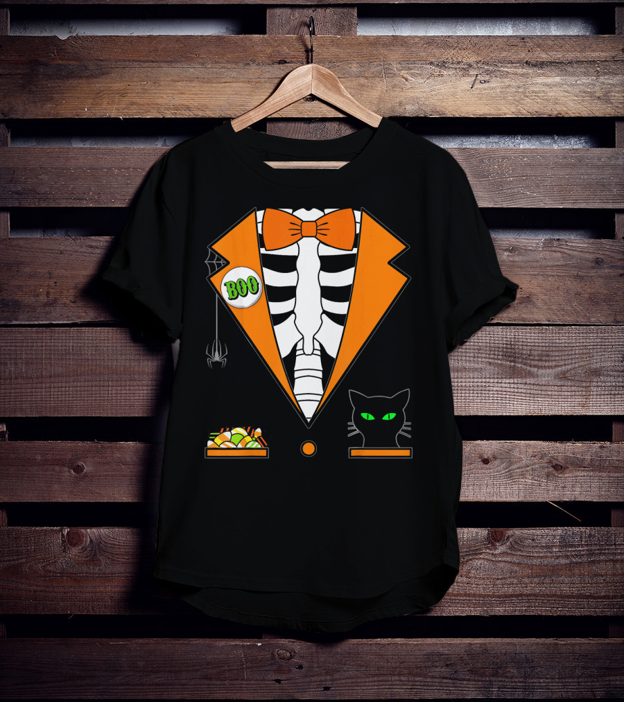 Easy Halloween Costume Orange Skeleton Tuxedo With Candy Bowl And Black Cat T-Shirt