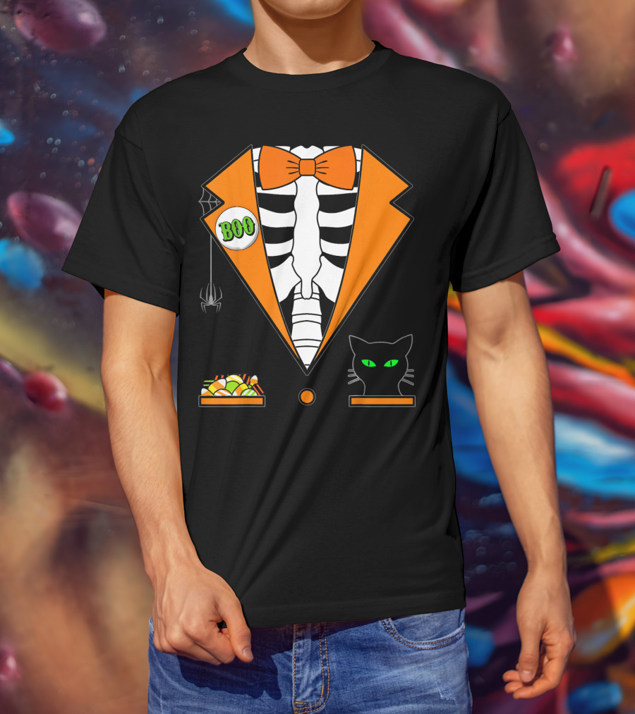 Easy Halloween Costume Orange Skeleton Tuxedo With Candy Bowl And Black Cat T-Shirt