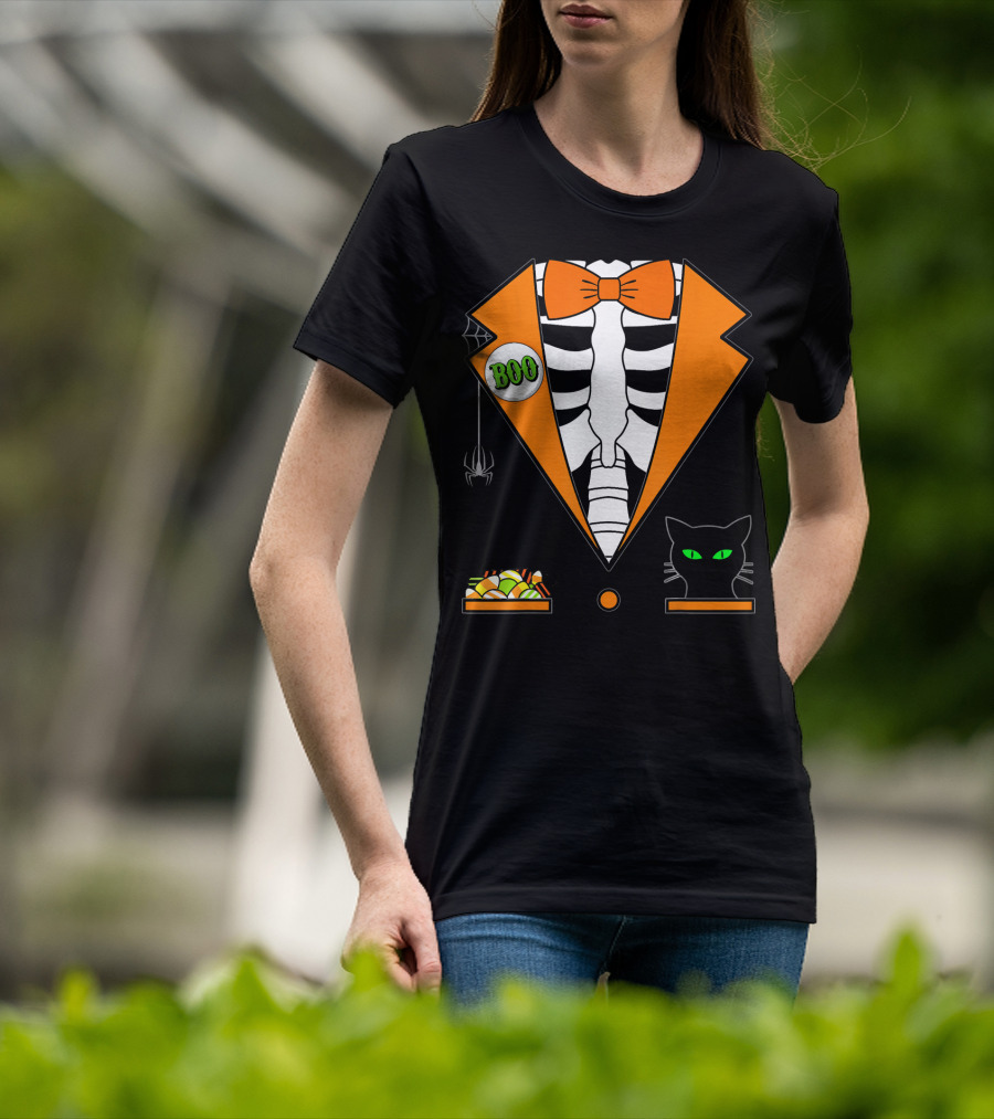 Easy Halloween Costume Orange Skeleton Tuxedo With Candy Bowl And Black Cat T-Shirt