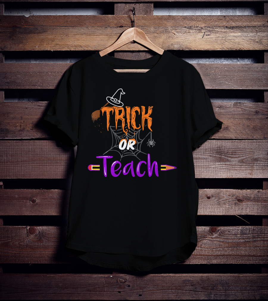Trick Or Teach Funny Halloween Spider Witch Hat Pencil T-Shirt