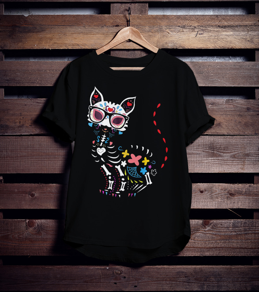 Colorful Day Of The Dead Black Cat Halloween T-Shirt