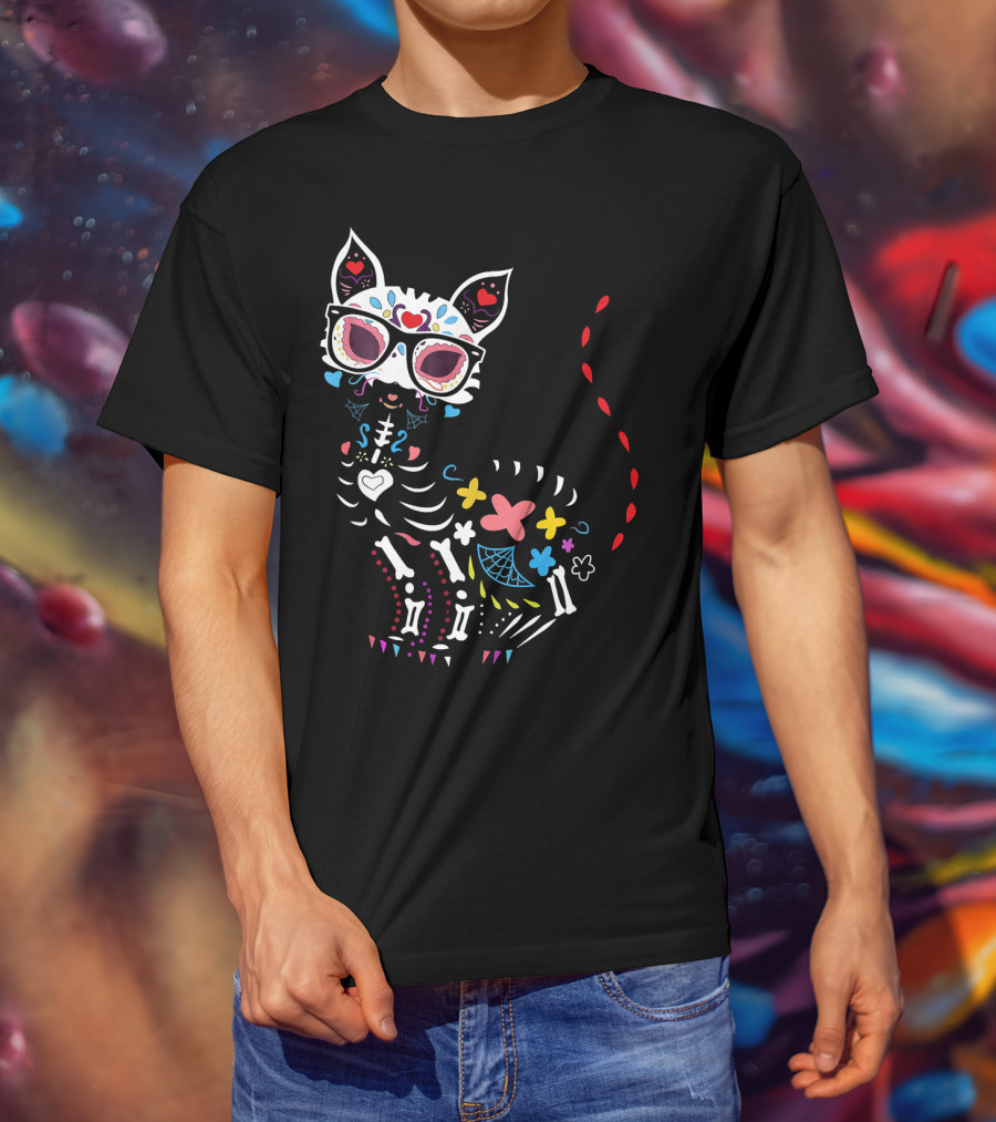 Colorful Day Of The Dead Black Cat Halloween T-Shirt