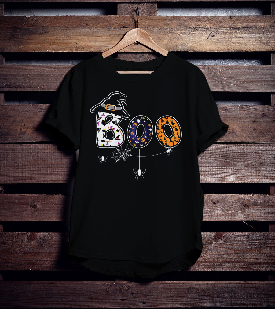 Boo Halloween Witch Hat Spider Web Letters T-Shirt
